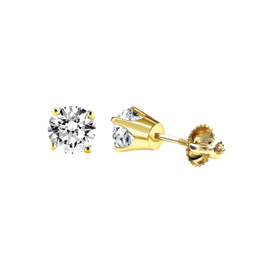 LADIES SOLITAIRE EARRINGS 1.00CT ROUND DIAMOND 14K YELLOW GOLD