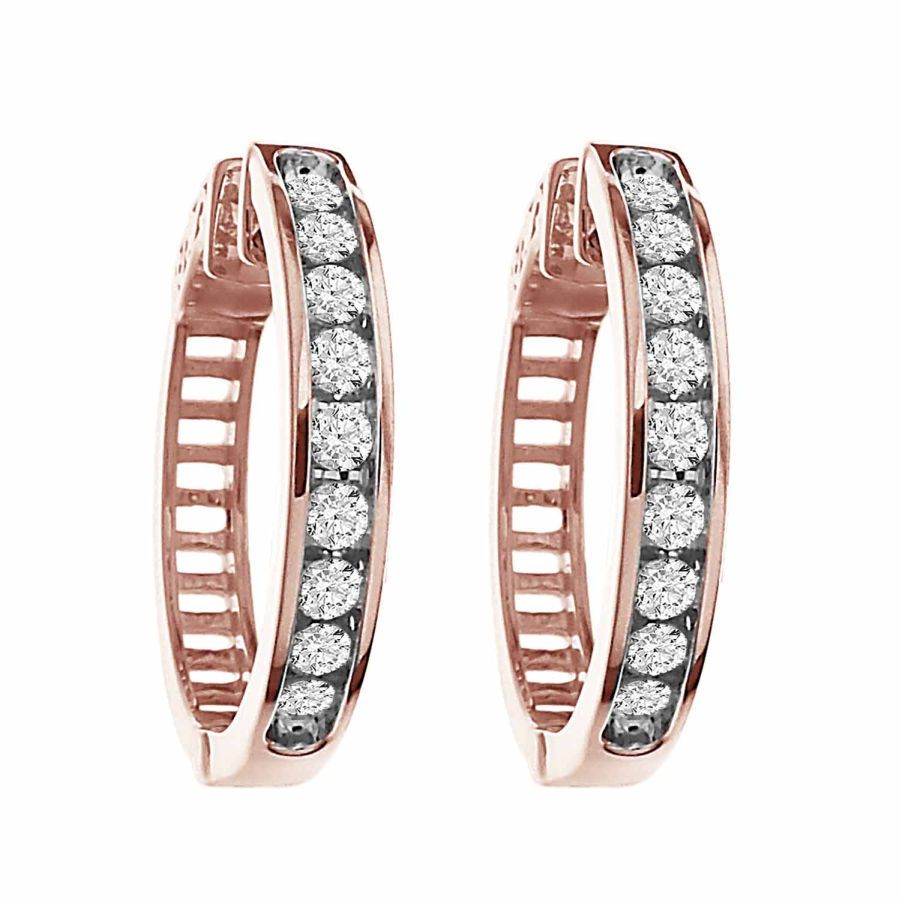 LADIES HOOP EARRINGS 1.00CT ROUND DIAMOND 10K ROSE GOLD