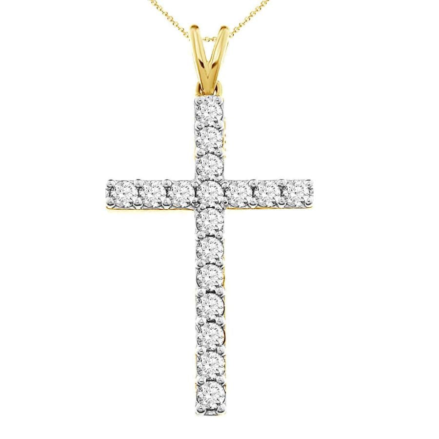 CROSS PENDANT WITH CHAIN 1.00CT ROUND DIAMOND 10K YELLOW GOLD