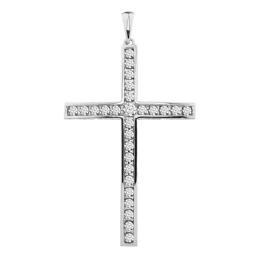 LADIES STRAIGHT NICK SETTING CROSS 1.00CT ROUND DIAMOND 10K WHITE GOLD