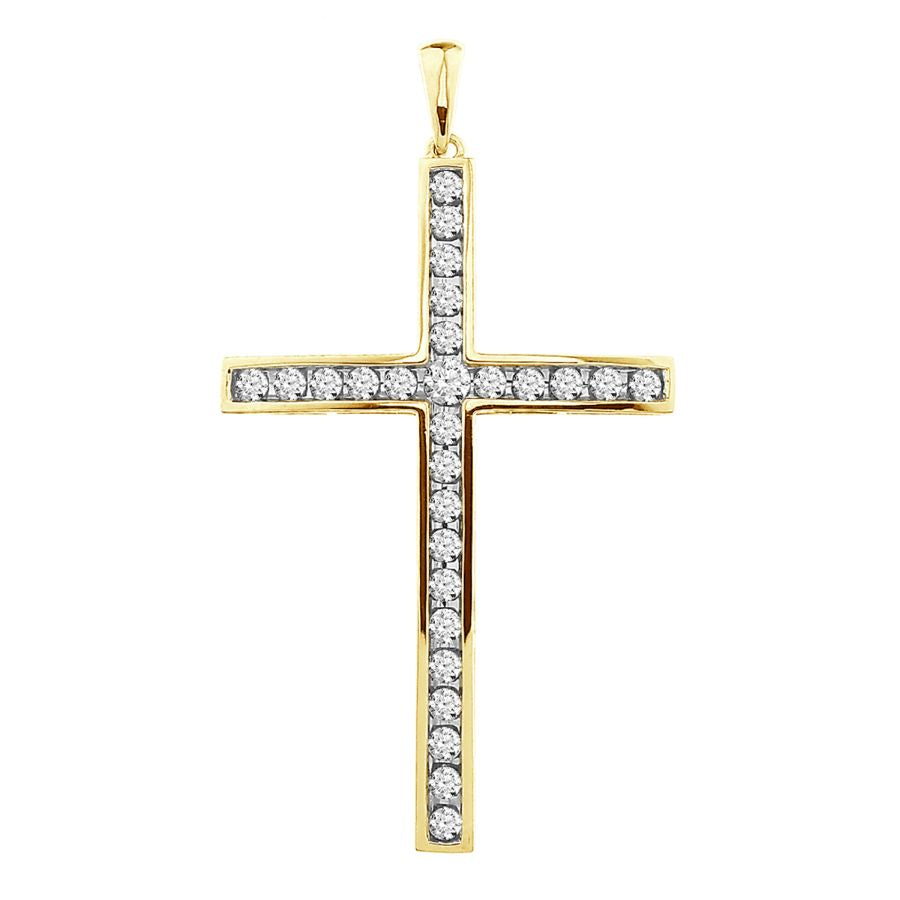 LADIES STRAIGHT NICK SETTING CROSS 1.00CT ROUND DIAMOND 10K YELLOW GOLD