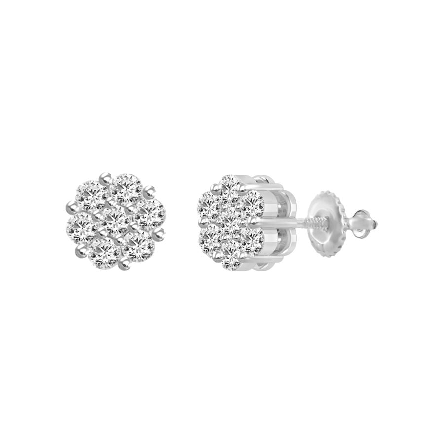 LADIES FLOWER EARRINGS 0.10CT ROUND DIAMOND 10K WHITE GOLD