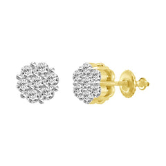 LADIES FLOWER EARRINGS 1.00CT ROUND DIAMOND 14K YELLOW GOLD