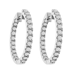 LADIES HOOPS EARRINGS 1.50CT ROUND DIAMOND 14K WHITE GOLD