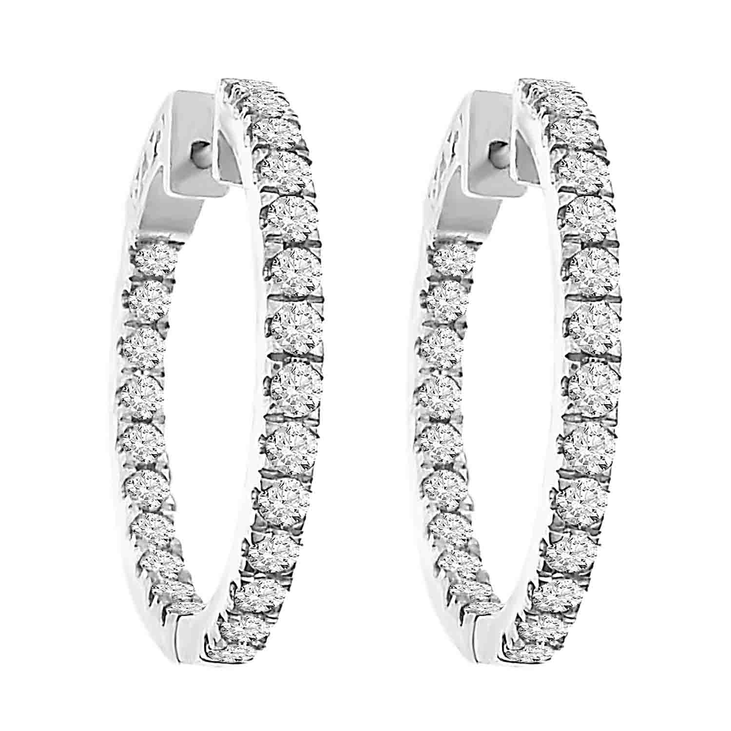 LADIES HOOP EARRINGS 2.00CT ROUND DIAMOND 14K WHITE GOLD (SI QUALITY)