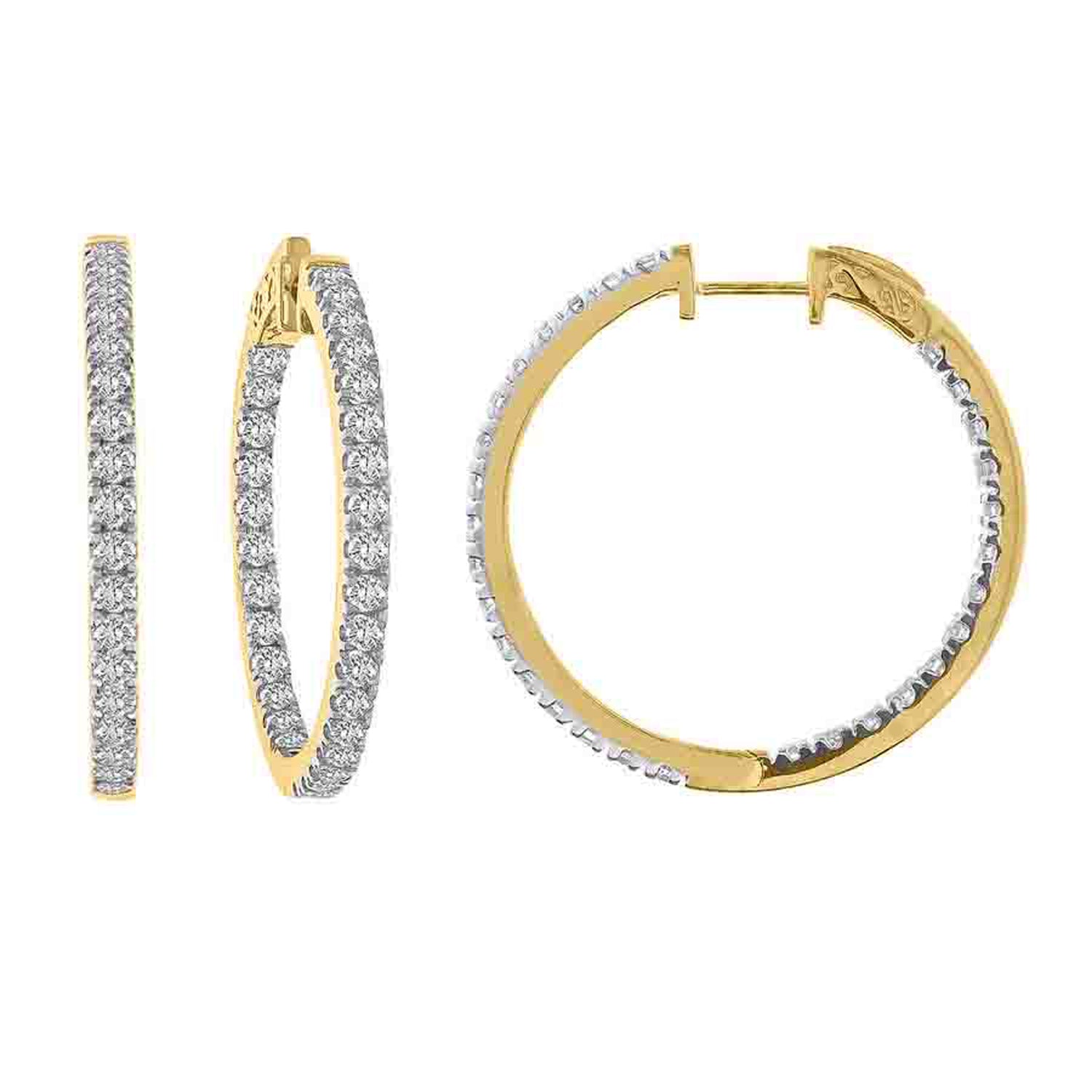 LADIES HOOPS EARRINGS 3.00CT ROUND DIAMOND 14K YELLOW GOLD