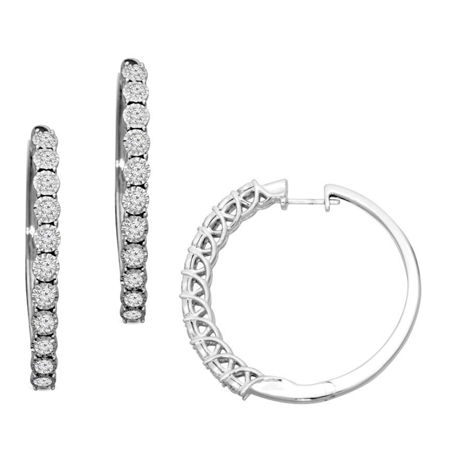 LADIES HOOP EARRINGS 1.00CT ROUND DIAMOND 10K WHITE GOLD