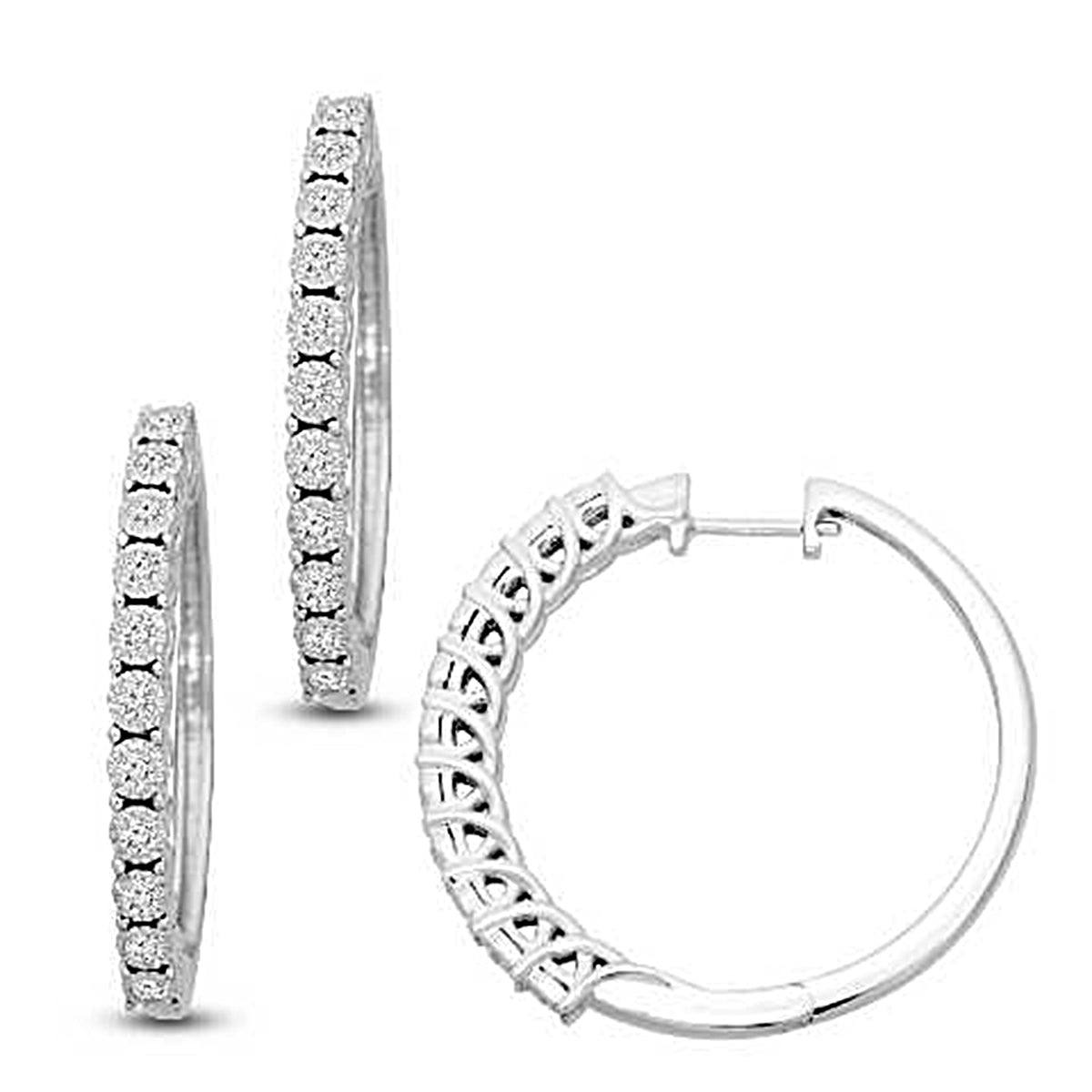 LADIES HOOP EARRINGS 0.50CT ROUND DIAMOND 10K WHITE GOLD