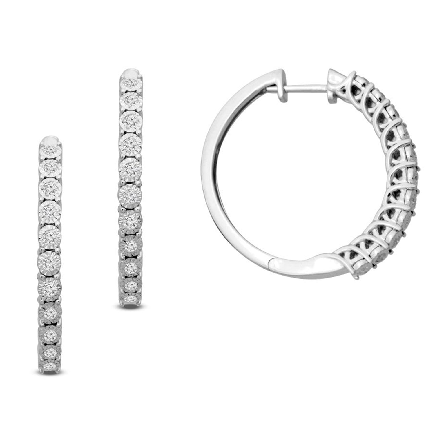 LADIES HOOP EARRINGS 0.25CT ROUND DIAMOND 10K WHITE GOLD