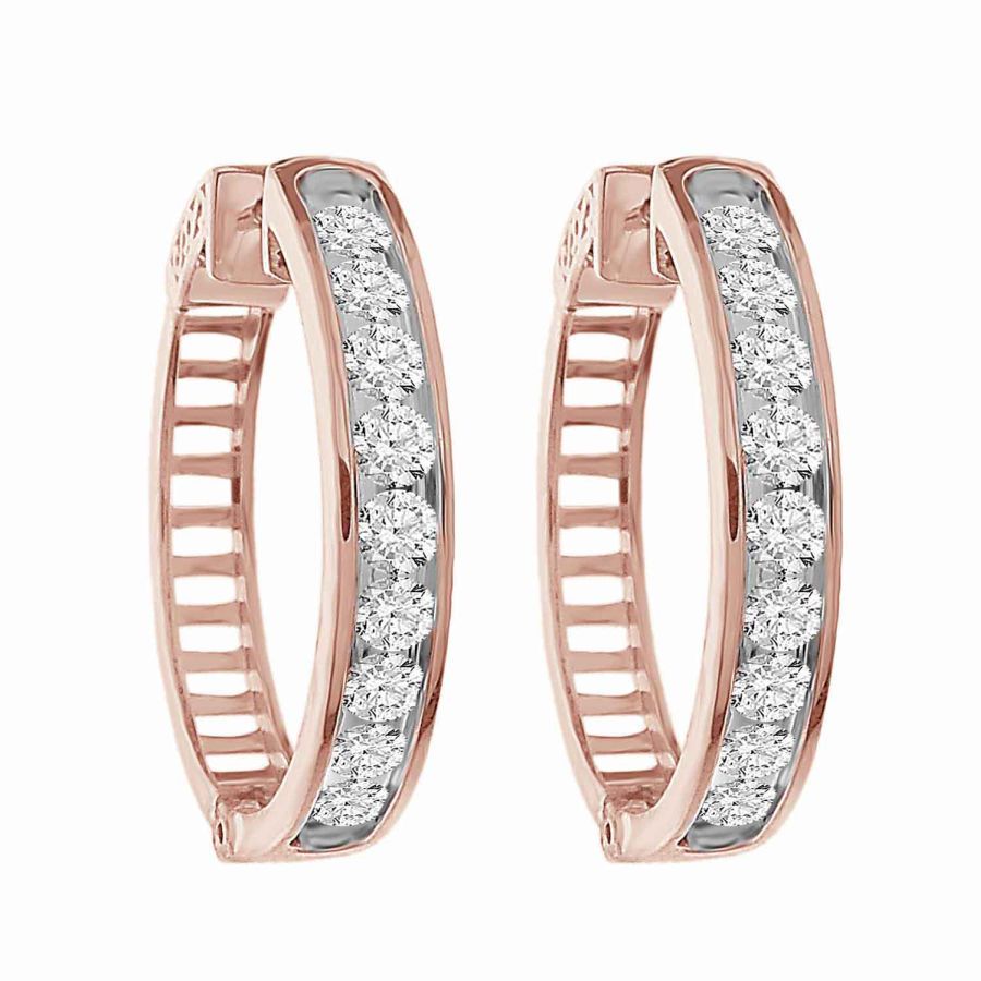 LADIES HOOP EARRINGS 2.00CT ROUND DIAMOND 10K ROSE GOLD