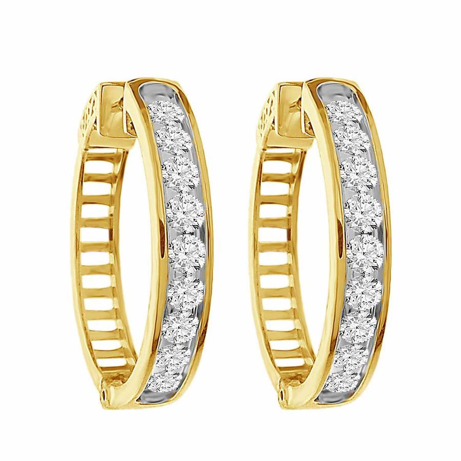 LADIES HOOP EARRINGS 2.00CT ROUND DIAMOND 10K YELLOW GOLD