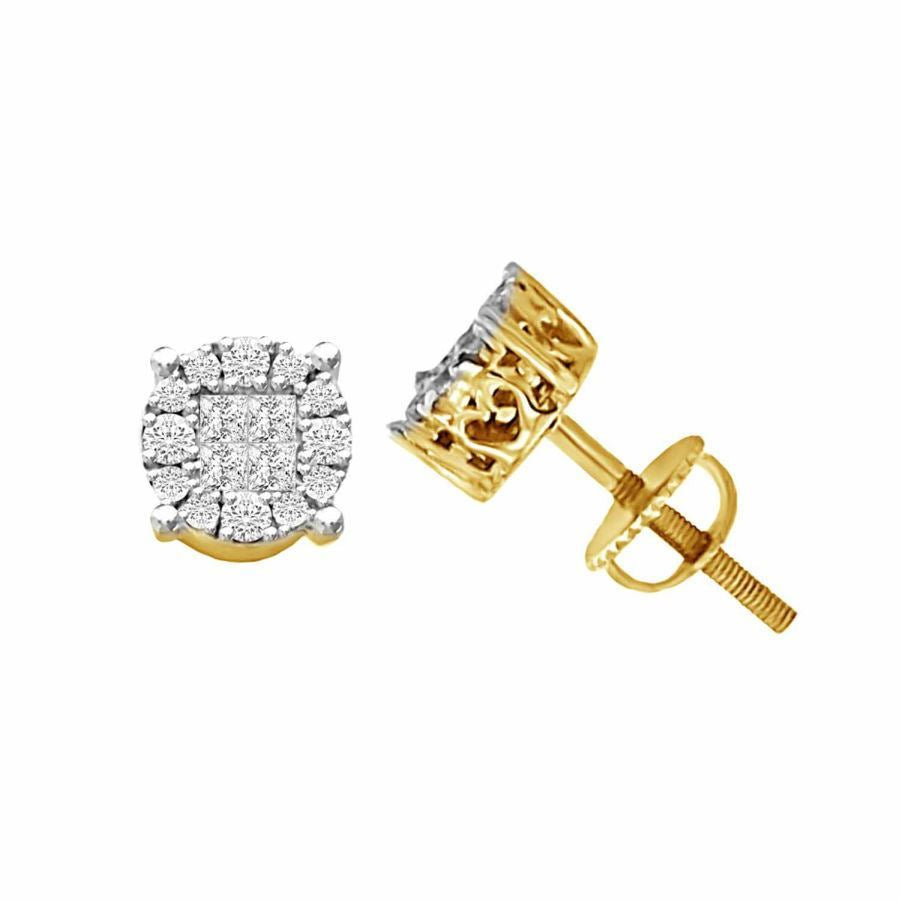 LADIES STUD EARRINGS 0.25CT ROUND/PRINCESS DIAMOND 10K YELLOW GOLD