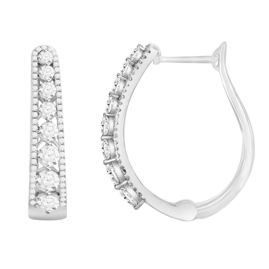 LADIES HOOPS EARRINGS 1.50CT ROUND DIAMOND 10K WHITE GOLD