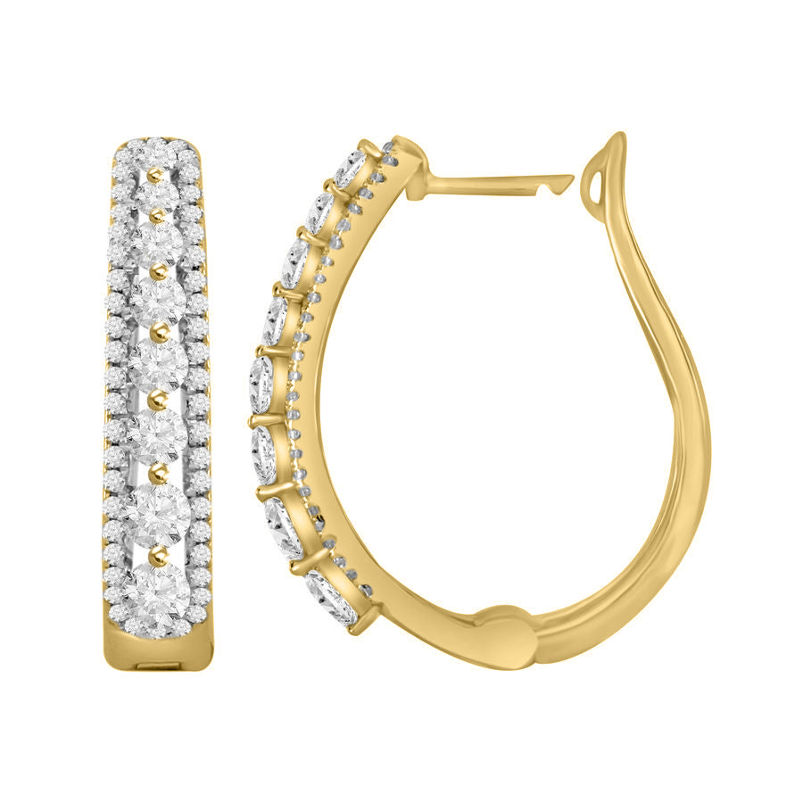 LADIES HOOP EARRINGS 1.00CT ROUND DIAMOND 10K YELLOW GOLD