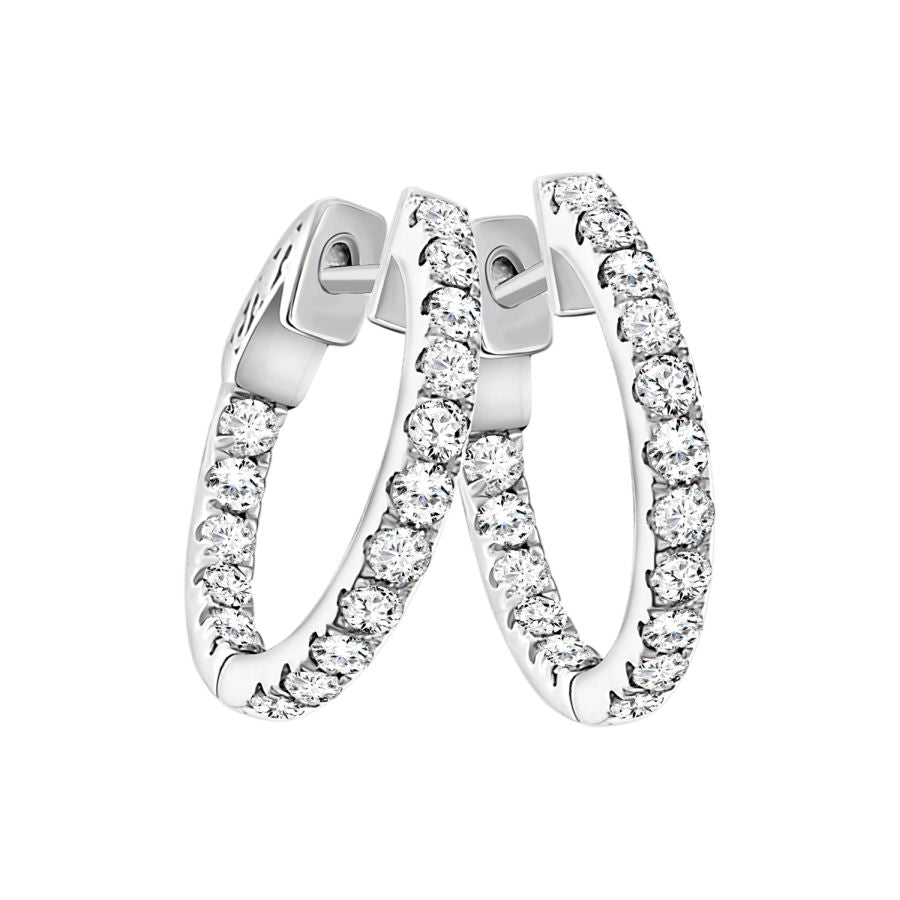 LADIES HOOPS EARRING 1.00CT ROUND DIAMOND 14K WHITE GOLD