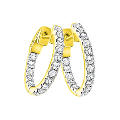 LADIES HOOPS EARRINGS 1.00CT ROUND DIAMOND 14K YELLOW GOLD