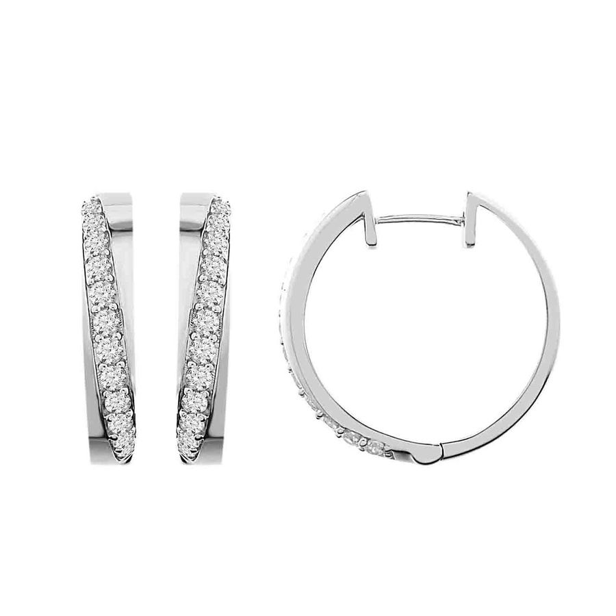 LADIES HOOP EARRINGS 1.00CT ROUND DIAMOND 10K WHITE GOLD