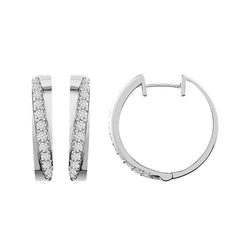 LADIES HOOP EARRINGS 1.00CT ROUND DIAMOND 10K WHITE GOLD