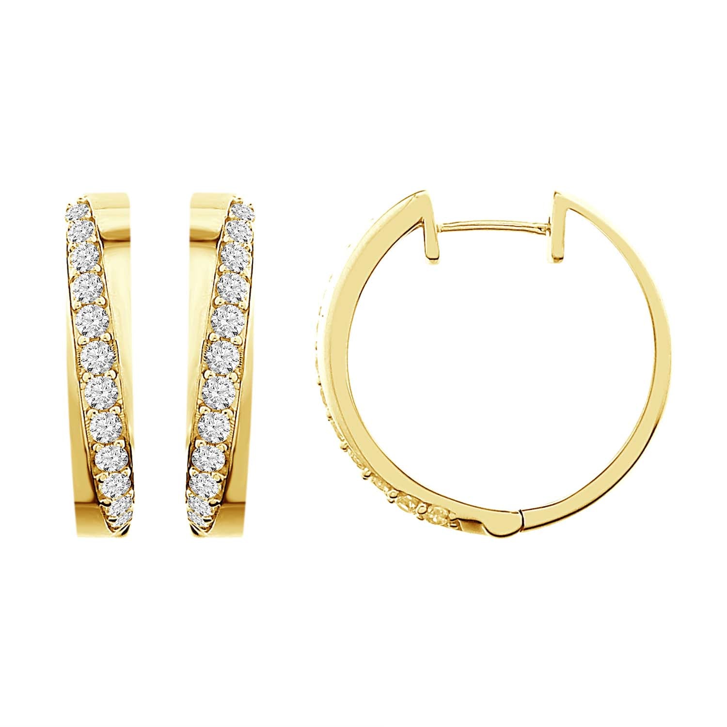 LADIES HOOP EARRINGS 1.00CT ROUND DIAMOND 10K YELLOW GOLD