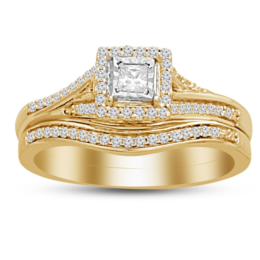 LADIES BRIDAL SET 0.25CT ROUND/PRINCESS DIAMOND 10K YELLOW GOLD