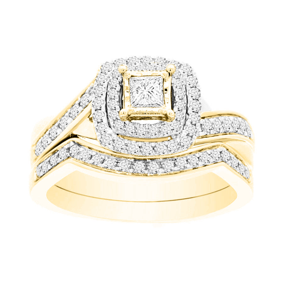 LADIES BRIDAL SET 0.65CT ROUND/PRINCESS DIAMOND 14K YELLOW GOLD