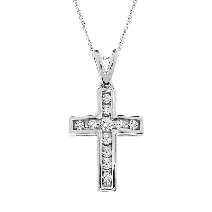 LADIES STRAIGHT NICK SETTING CROSS WITH CHAIIN 0.25CT ROUND DIAMOND 14K WHITE GOLD