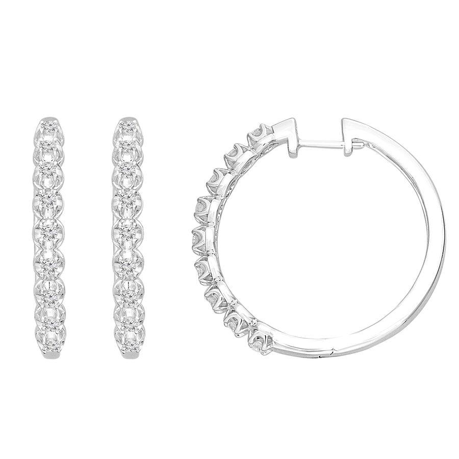 LADIES HOOP EARRINGS 0.25CT ROUND DIAMOND 10K WHITE GOLD