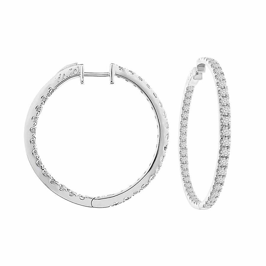 LADIES HOOP EARRINGS 10.00CT ROUND DIAMOND 14K WHITE GOLD