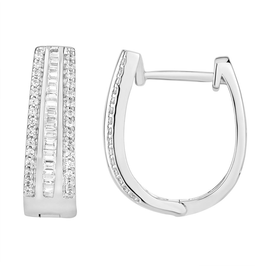 LADIES HOOP EARRINGS 0.50CT ROUND/BAGUETTE DIAMOND 10K WHITE GOLD