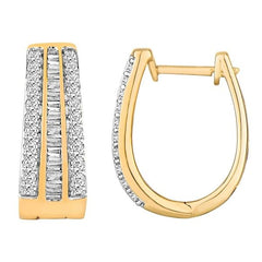 LADIES HOOP EARRINGS 0.50CT ROUND/BAGUETTE DIAMOND 10K YELLOW GOLD