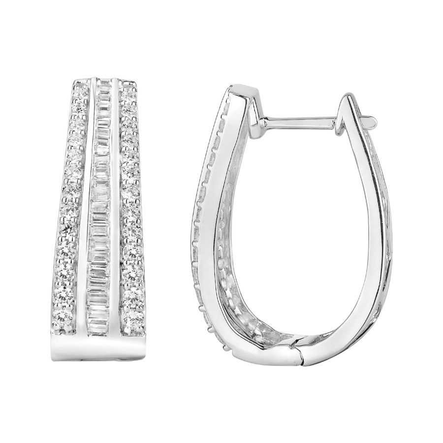 LADIES HOOP EARRINGS 1.50CT ROUND/BAGUETTE DIAMOND 10K WHITE GOLD