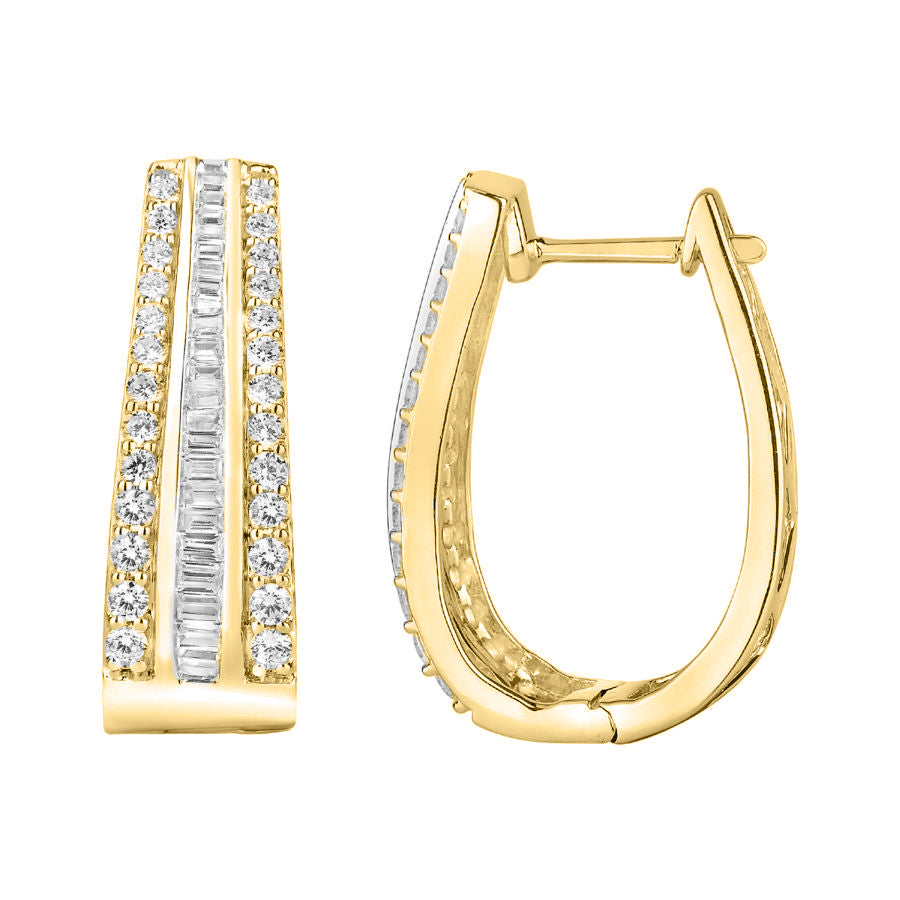 LADIES HOOP EARRINGS 1.50CT ROUND/BAGUETTE DIAMOND 10K YELLOW GOLD