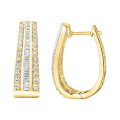 LADIES HOOP EARRINGS 1.50CT ROUND/BAGUETTE DIAMOND 10K YELLOW GOLD