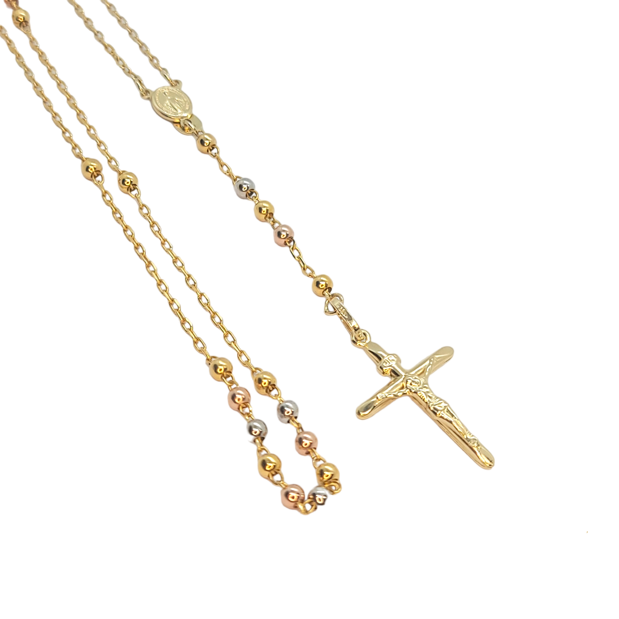 14kt Cross Rosary Crucifix Chain Tri-Color Gold