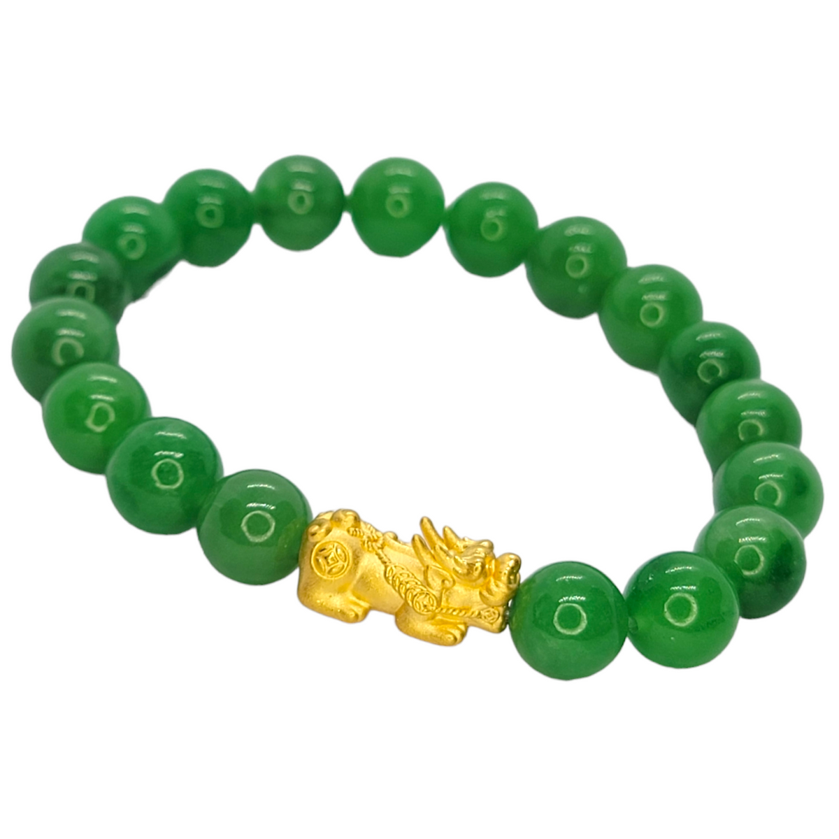 24kt YG Dragon - 10mm Green Jade Bracelet