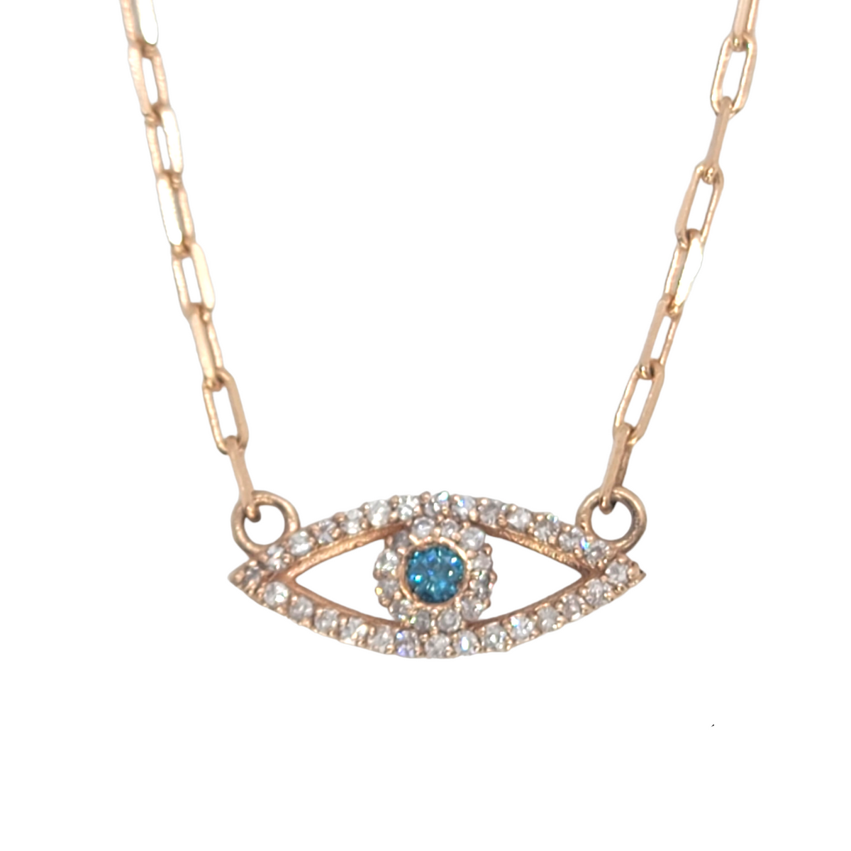 14kt Evil Eye Diamond Pendant - Paperclip Chain