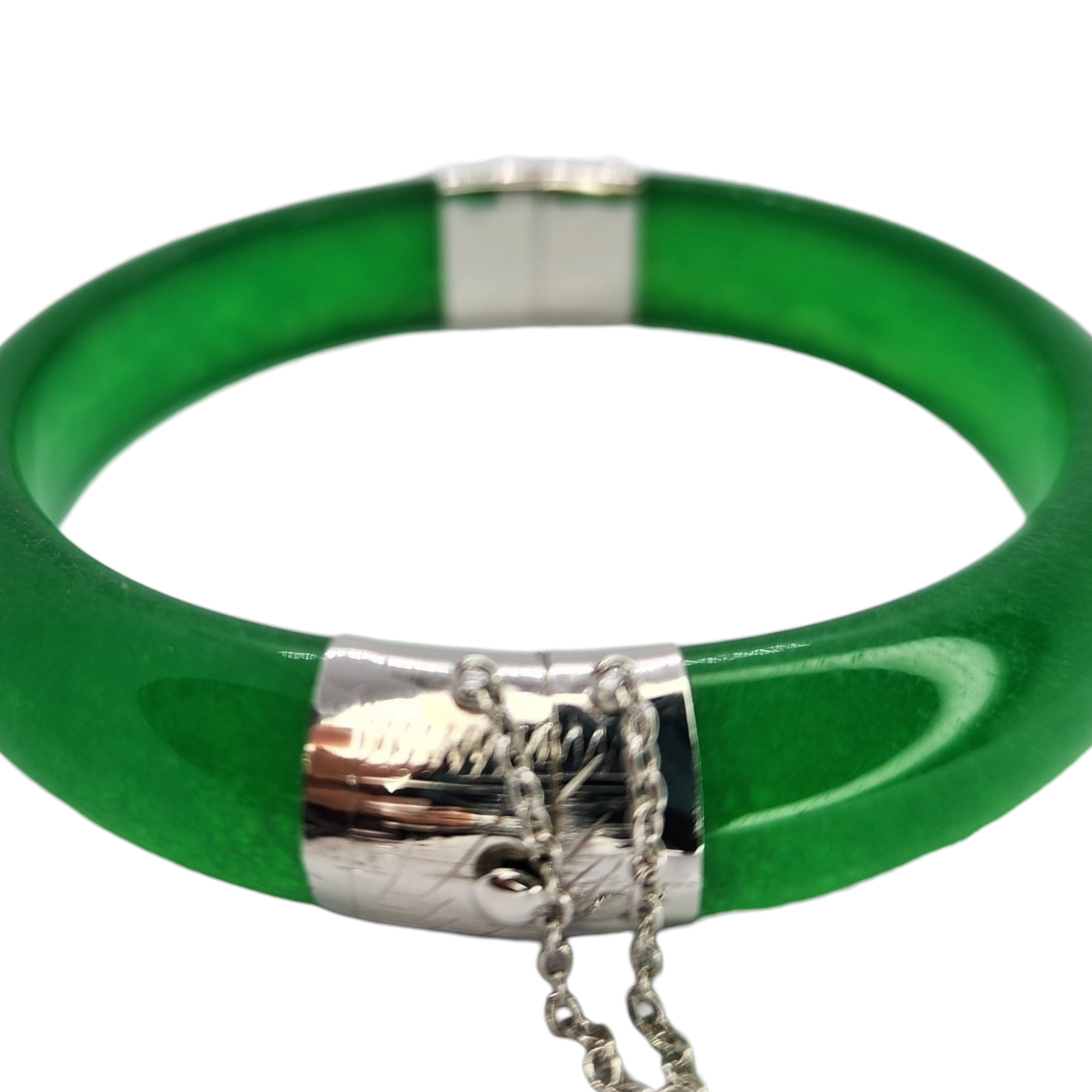 Green Jade Bangle - Sterling Silver Lock