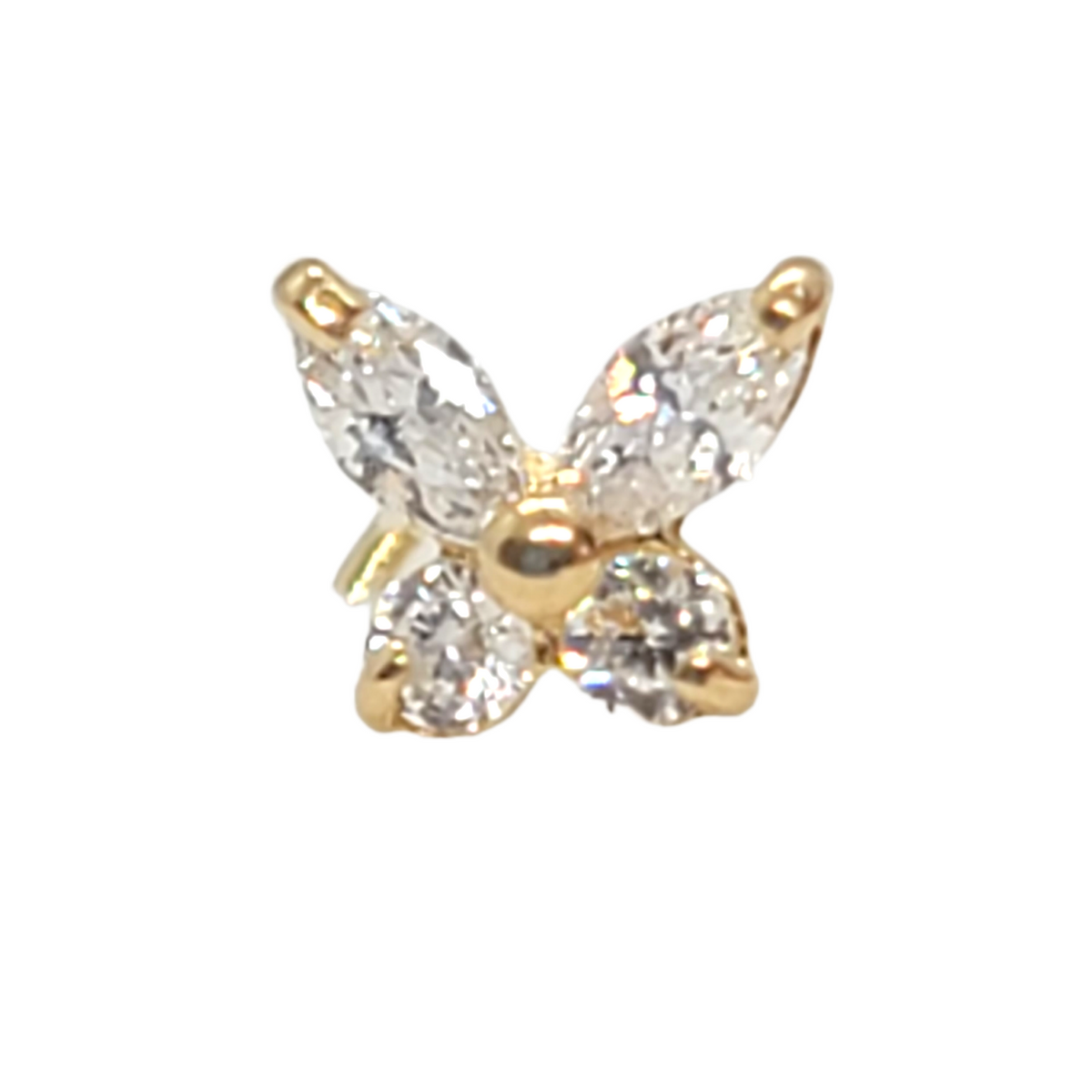 14kt Yellow Gold Butterfly Nose Ring CZ Screw Back